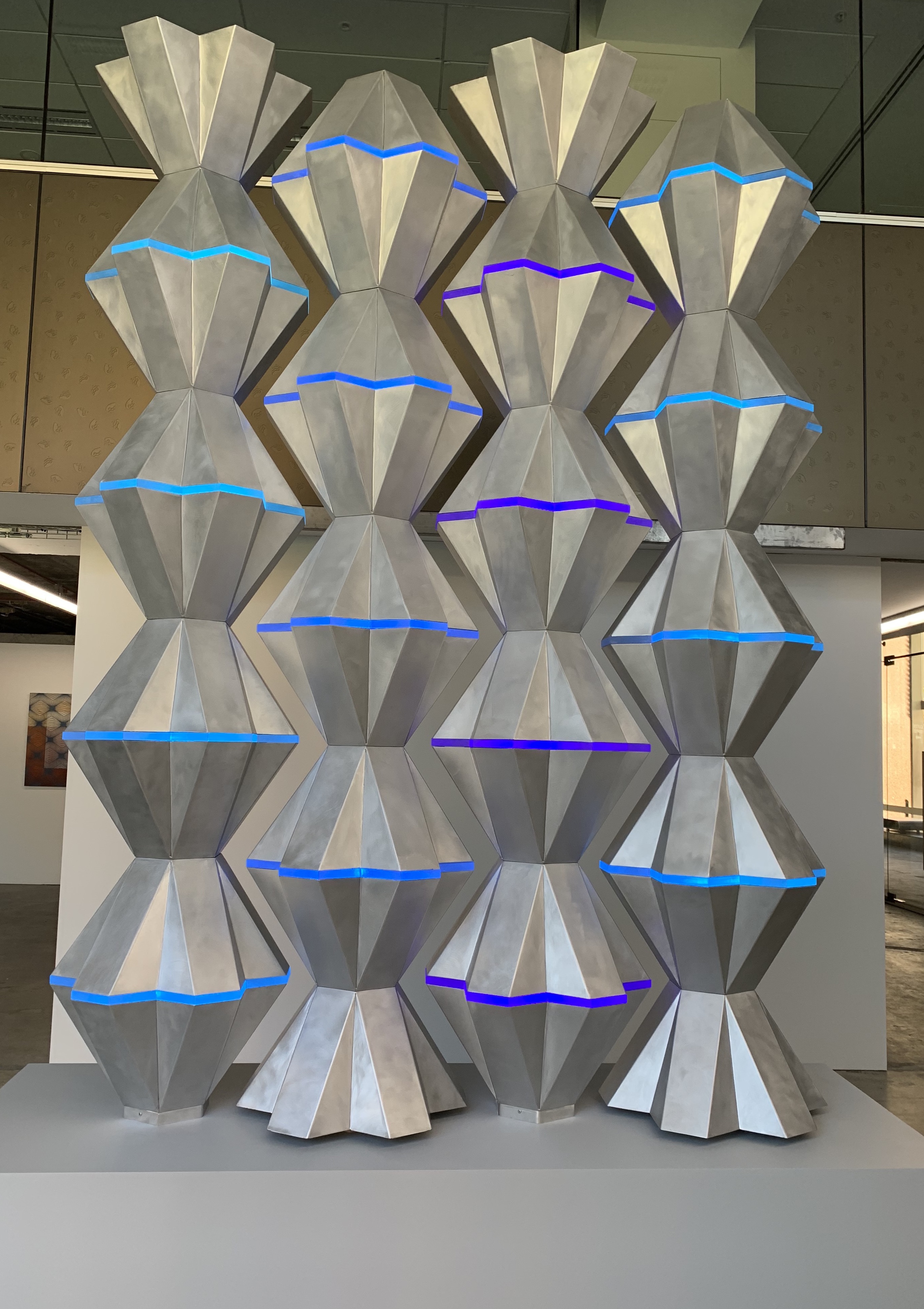 Paul Caporn, Endless Field, 2019, aluminium, perspex, LED, timber, sculpture, 400 x 240 x 80cm