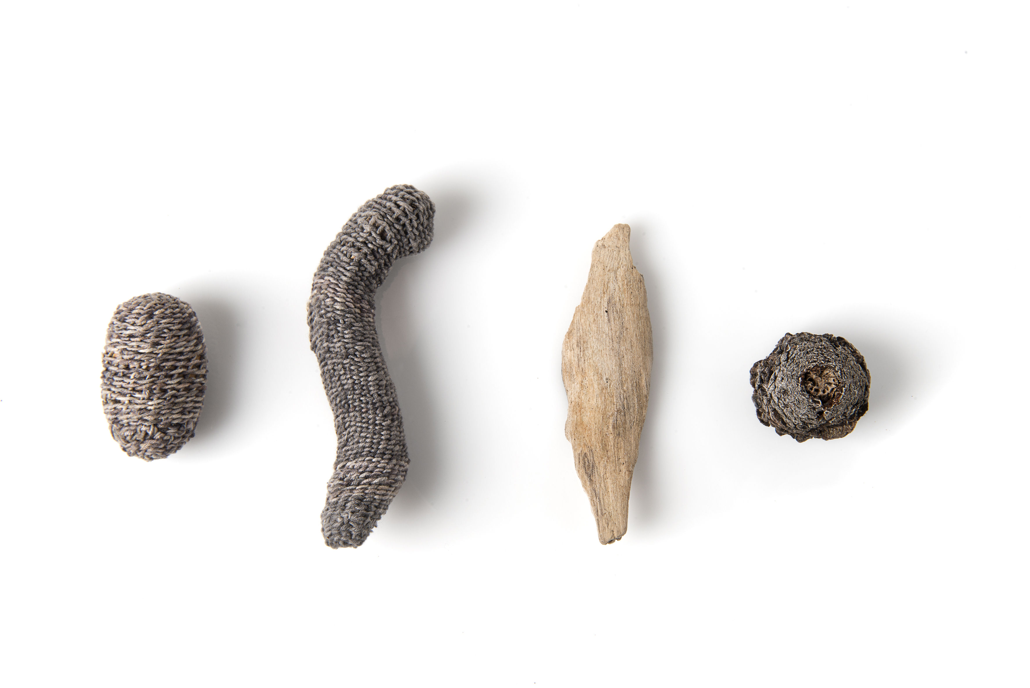 Holly Story, Blue is the first change, 2016, plant died cotton string, found natural objects, 8 components, approx. 5 x 35cm