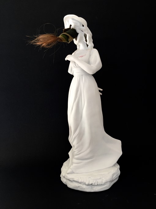 Olga Cironis, Pinki, 2016, porcelain, military fabric and hair, 30 x 10 x 10cm
