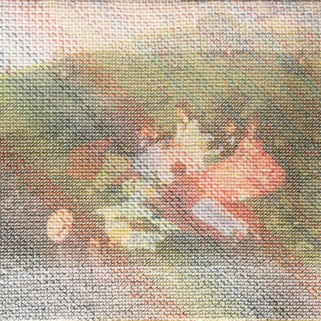 Eveline Kotai, Holiday Project 2, 2009–2016, wool, silk thread on tapestry print by Pàl Szinyei Merse, 22 × 29cm