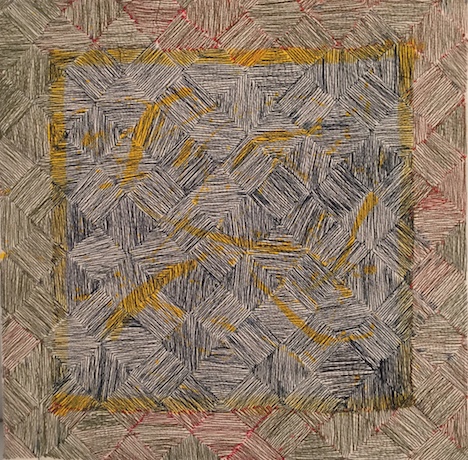 Ruth Vickers, Quantum 1, 2016, stitch and dye on canvas, 37 x 37cm