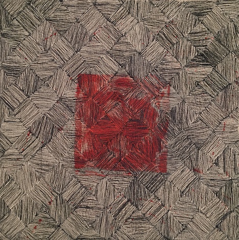 Ruth Vickers, Quantum III, 2016, stitch and dye on canvas, 37 x 37cm