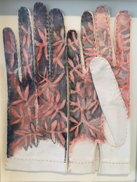 Valerie Tring, Sonnet: camellia leaves in the Autumn leaves, 2016, watercolour on found kidskin gloves 28 x 22cm