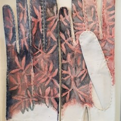 Valerie Tring, Sonnet: camellia leaves in the Autumn leaves, 2016, watercolour on found kidskin gloves 28 x 22cm