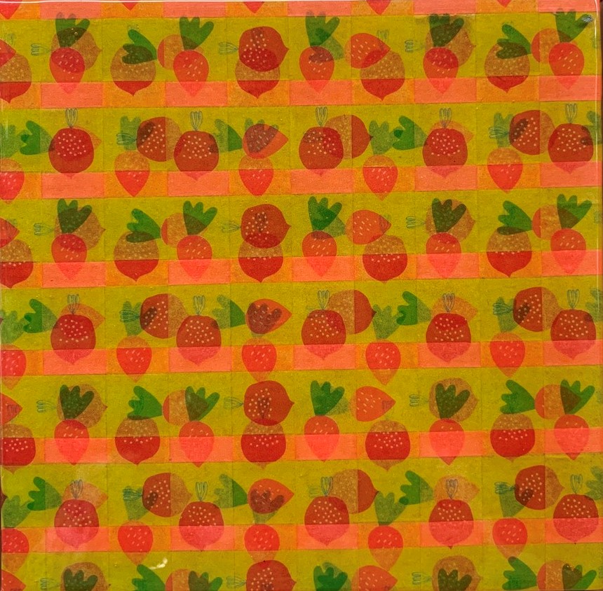 Minaxi May, Fruit Loops, 2019, Washi tape, glue, epoxy resin,14.7 x 14.7cm