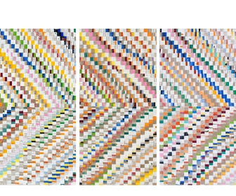 Eveline Kotai, Florentine, 2017, acrylic, nylon thread, linen on board, 47 x 23cm each (3 panels)