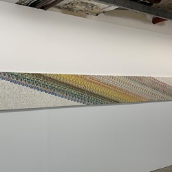 Eveline Kotai, Space Shift, 2019, acrylic, nylon thread on canvas, 46 x 152.5cm. Murdoch University Art Collection