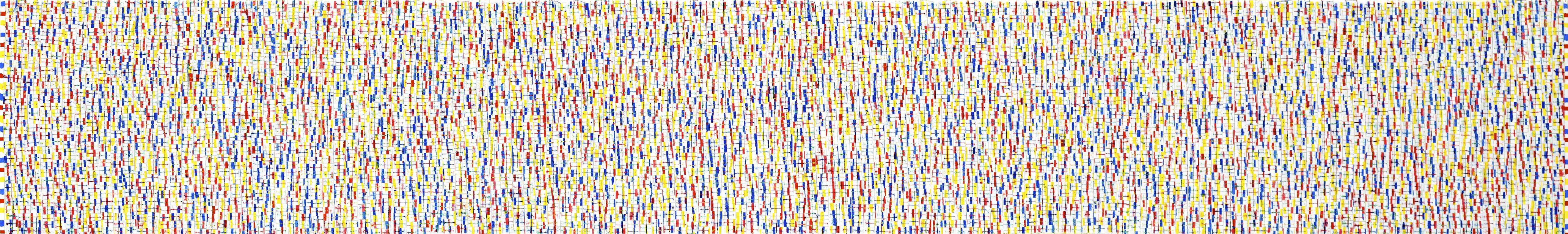 Eveline Kotai, Totem - Red, Blue & Yellow 2016, paint pen, nylon thread on canvas, 137 x 20cm