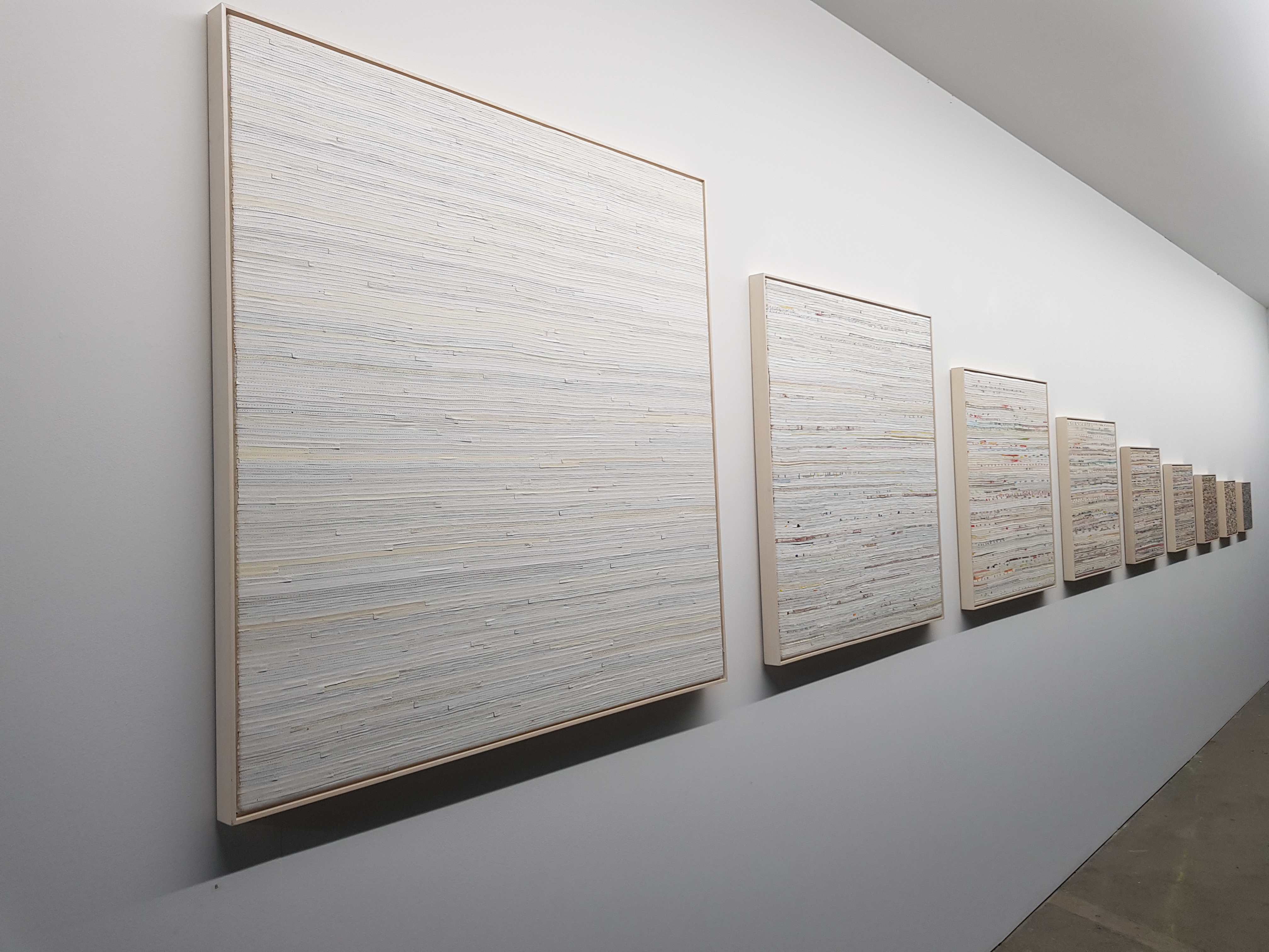 Eveline Kotai, Trace Elements Expanding 1-9, 2019, acrylic, nylon thread on canvas, sizes variable, overall 1 x 5.5m installed (9 panels)