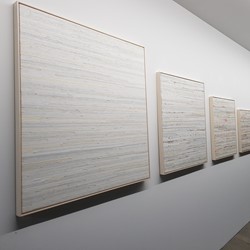 Eveline Kotai, Trace Elements Expanding 1-9, 2019, acrylic, nylon thread on canvas, sizes variable, overall 1 x 5.5m installed (9 panels)