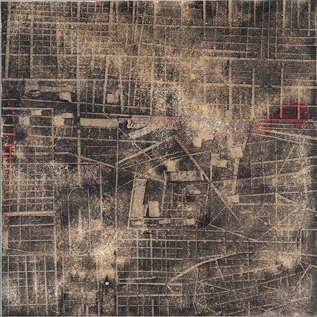 Merrick Belyea, The Bombing of Berlin, 2015, oil on board, 120 x 120cm