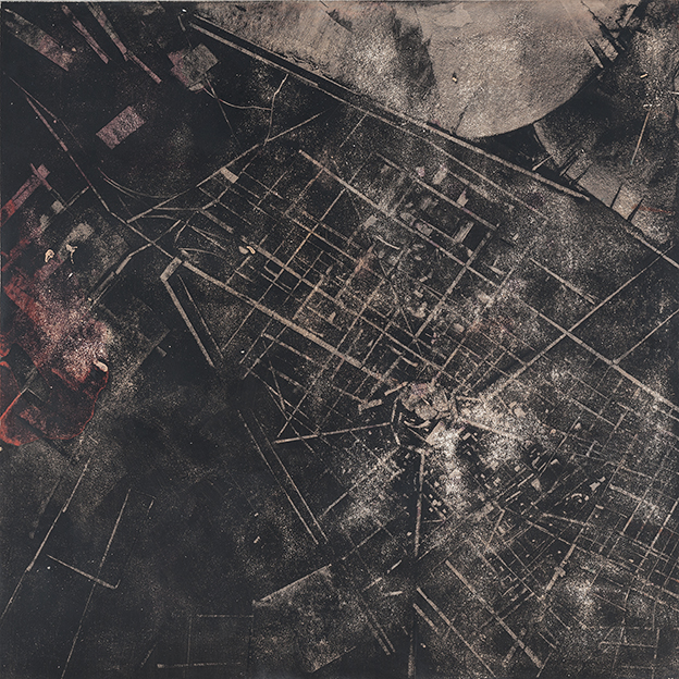 Merrick Belyea, The Bombing of Galatz, 2015, oil on board, 120 x 120cm