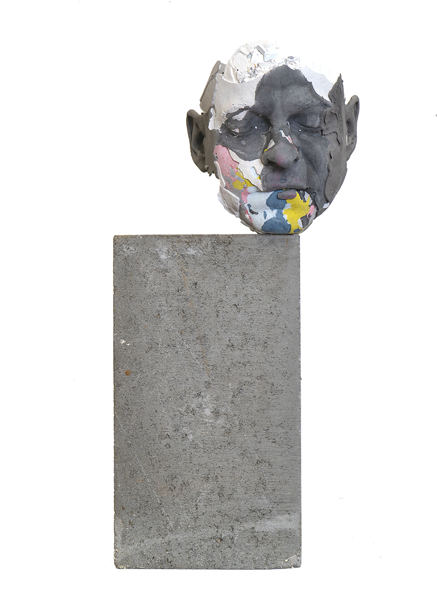 Paul Kaptein, Mute Figure #12, 2018, industrial plaster, pigment, brick, acrylic, 39 x 38 x 15cm