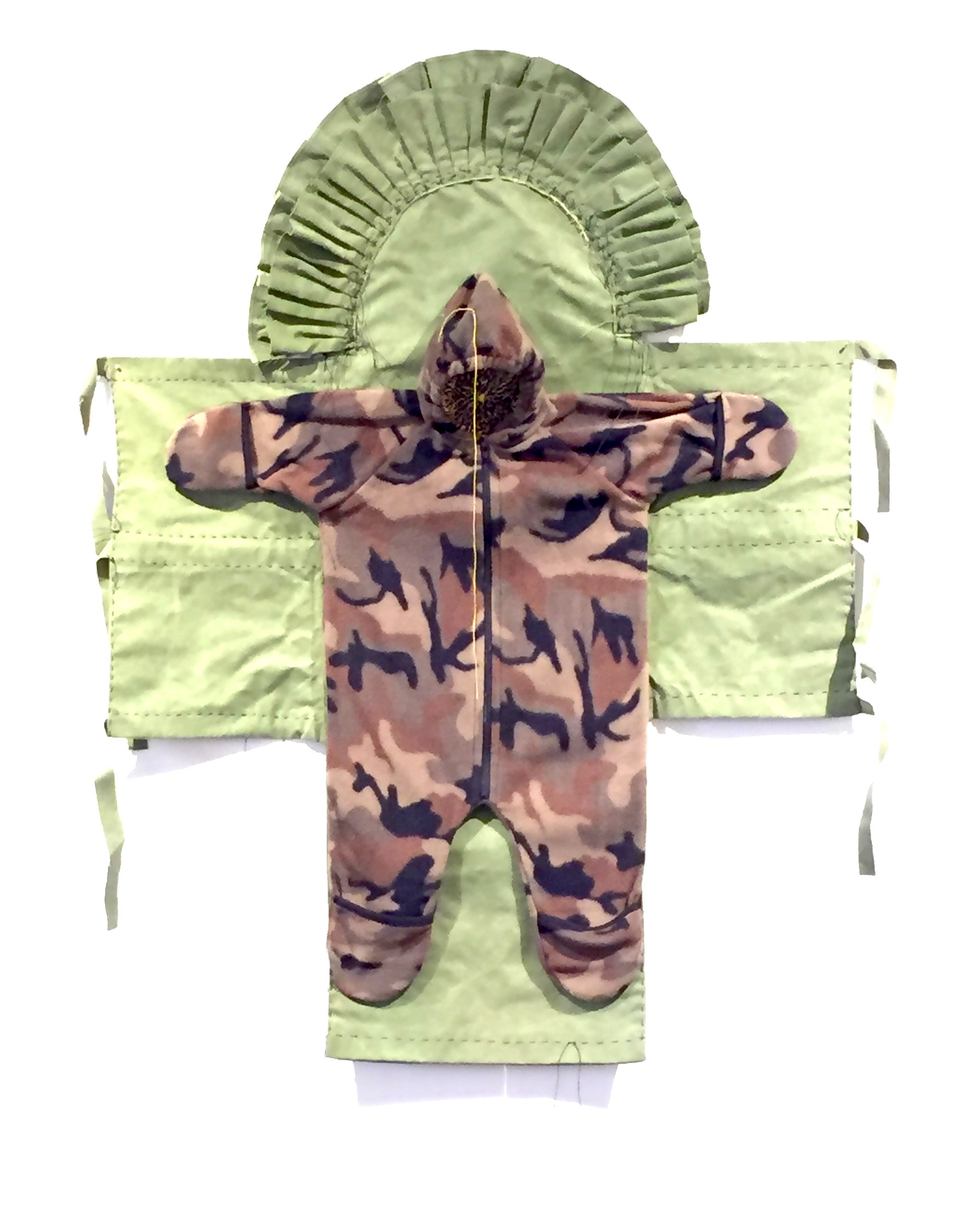 Olga Cironis, Hollow Desires, 2016, recycled military canvas, hair, thread and child's clothing