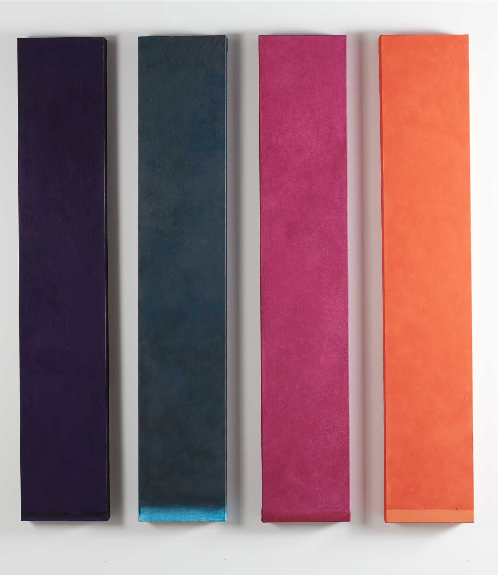 Michele Theunissen, 2016-2019, Dioxazine Violet - Green Black - Magenta - Pyrrole Orange, pigment, egg tempera, mica, oil on canvas, 167.5 x 30cm each