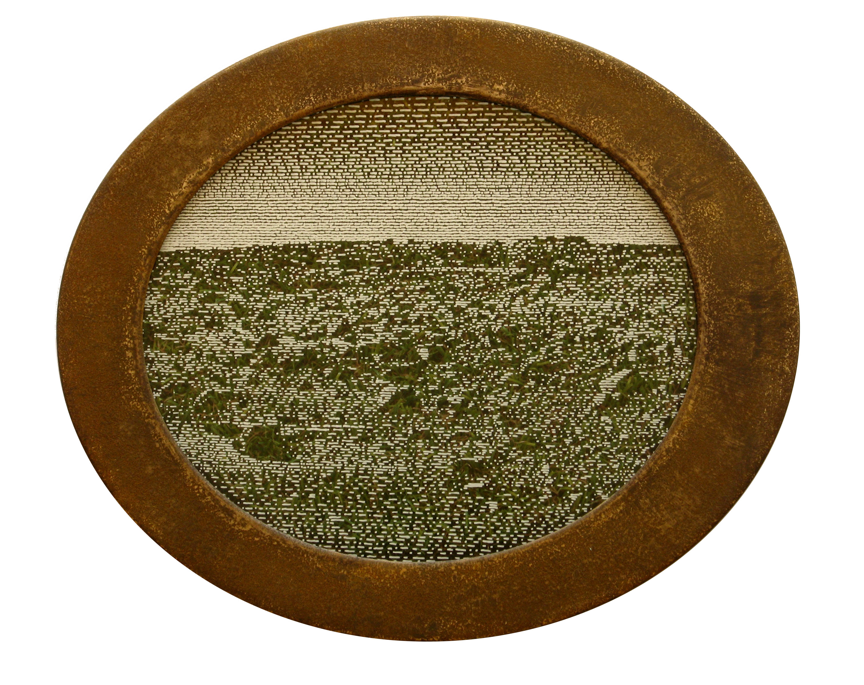 Tony Windberg, Home Turf 2, 2018, ink under glass, synthetic turf, earth pigments, iron oxide, MDF, 21 x 22 x 3cm