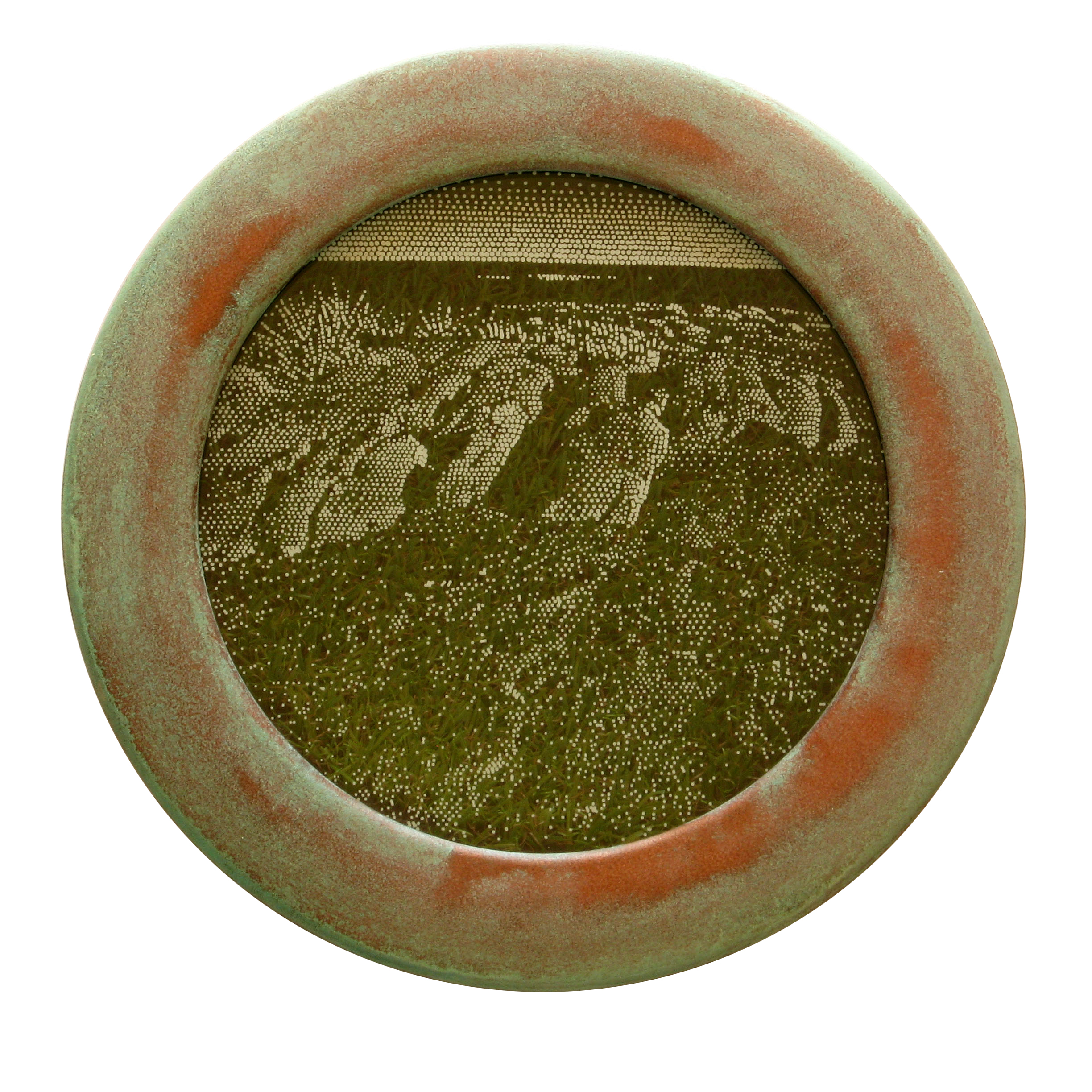 Tony Windberg, Investigator 1, 2018, ink under glass, synthetic turf, copper paint on MDF, 28 x 28 x 6cm