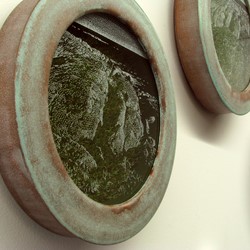 Tony Windberg, Investigator 6, 2018, ink under glass, synthetic turf, copper paint on MDF, 28 x 28 x 6cm