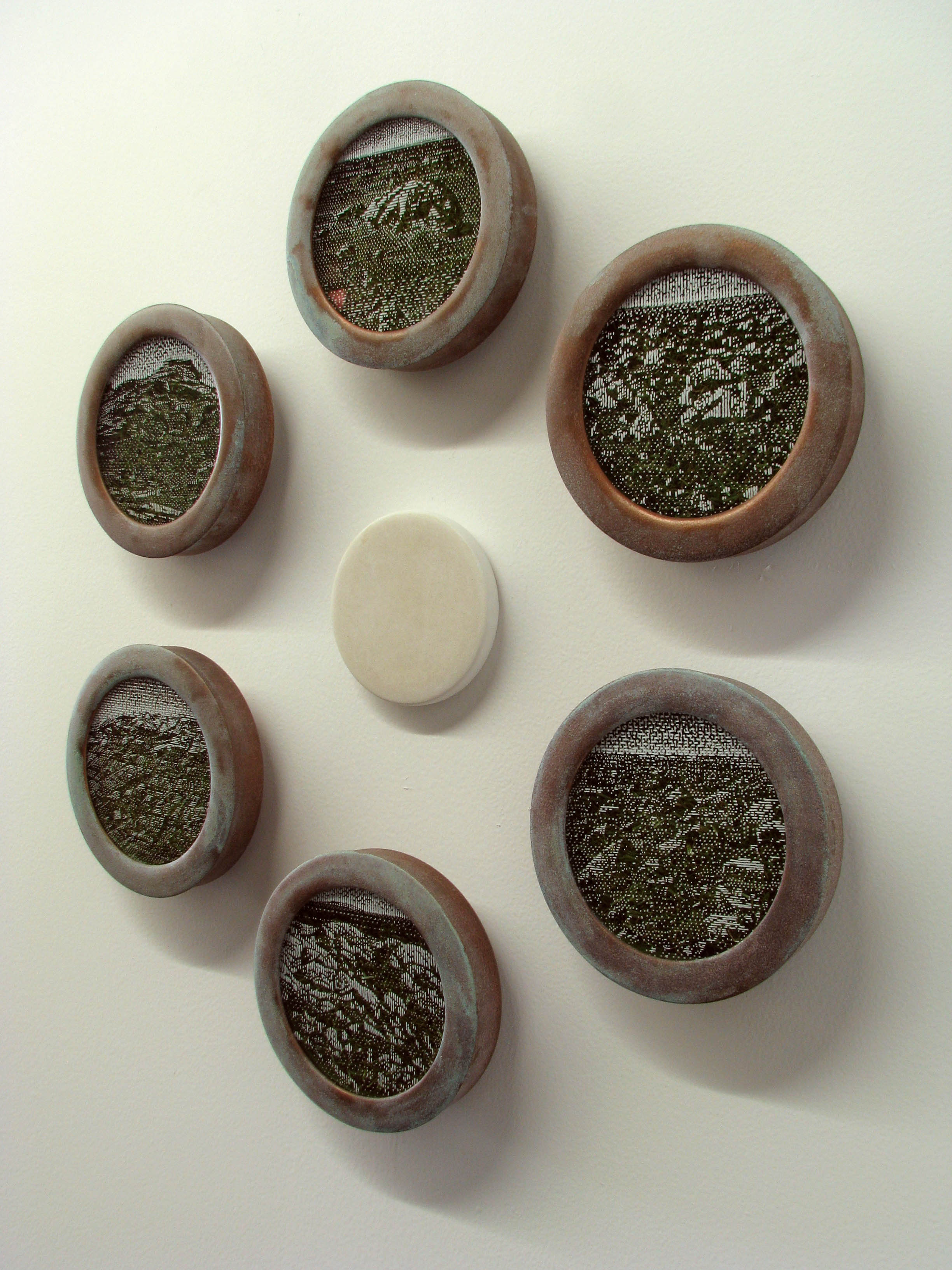 Tony Windberg, Mars series 1 – 6, 2018, ink under 2 glass layers, synthetic turf, copper paint on MDF, 14 x 14 x 4cm (each, 6 panels)