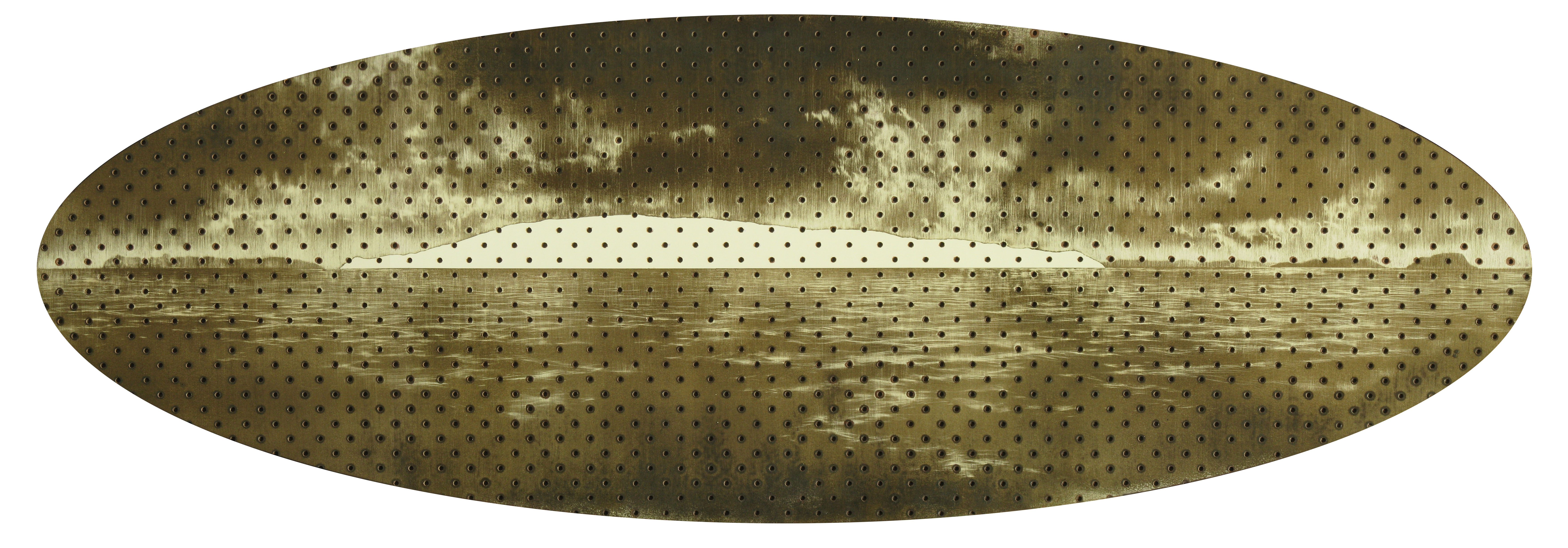 Tony Windberg, Terra Nullius 1, Cape Leeuwin, 2018, pegboard, rust effect paing, sealant on board, 43.5 x 127cm