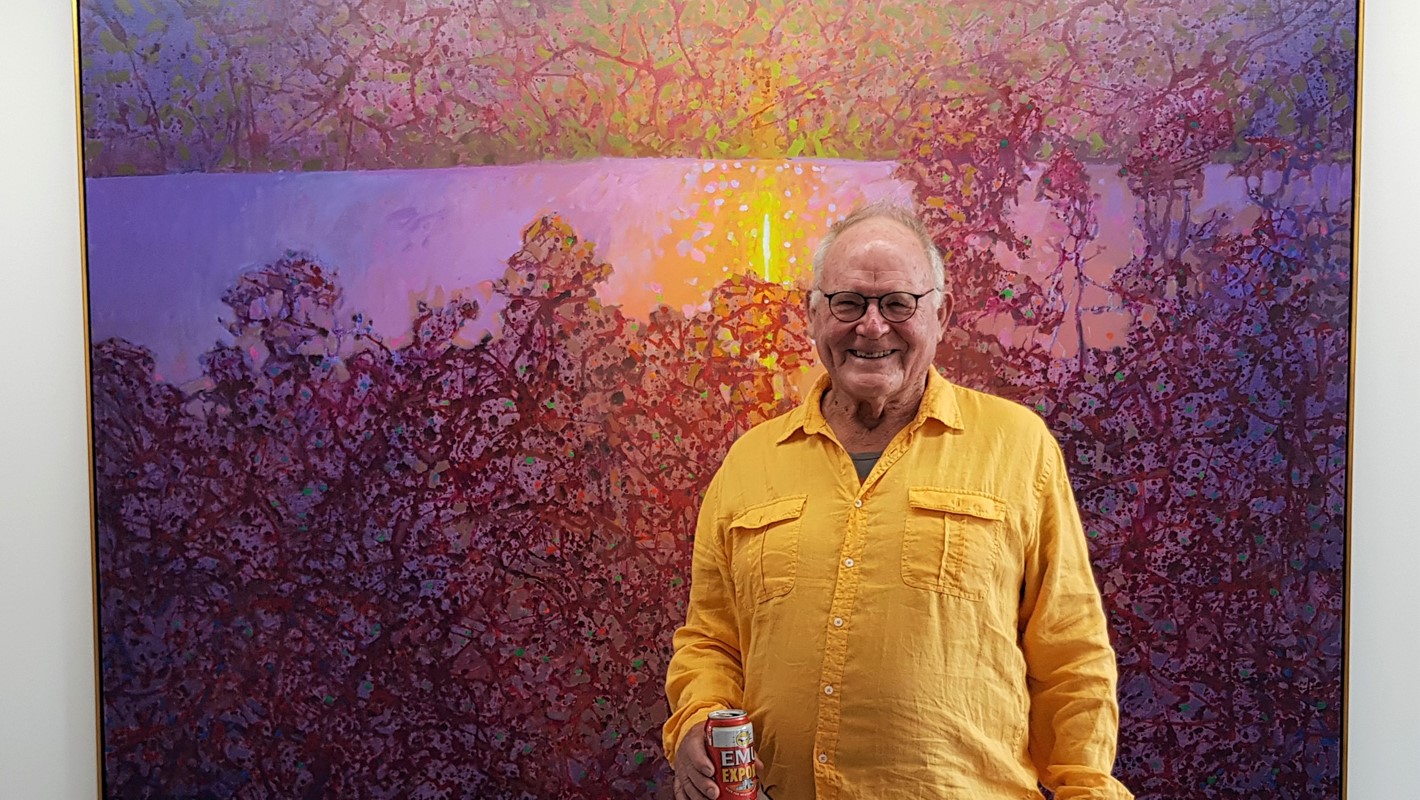 George Haynes, 2019; with 'Across the River', 2018, oil on canvas, 152 x 213cm