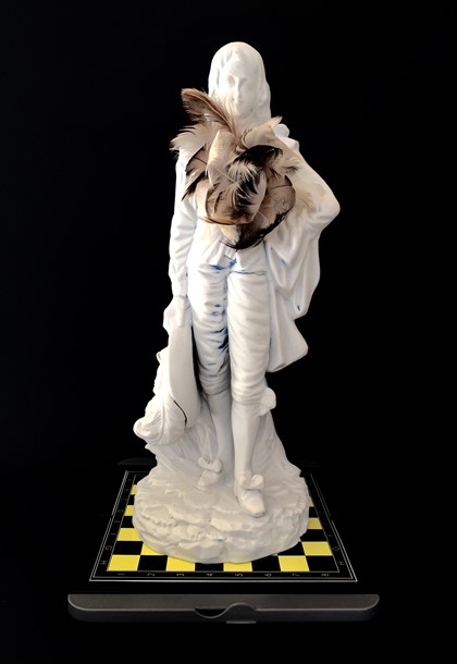Olga Cironis, Played Blue Boy, 2015, feathers, recycled porcelain ornament, magnetised chess board
