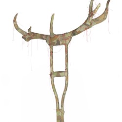 Olga Cironis, 2015, repurposed crutch, deer antler, military fabric and thread, 120 x 100 x 30cm. Collection of the Art Gallery of South Australia