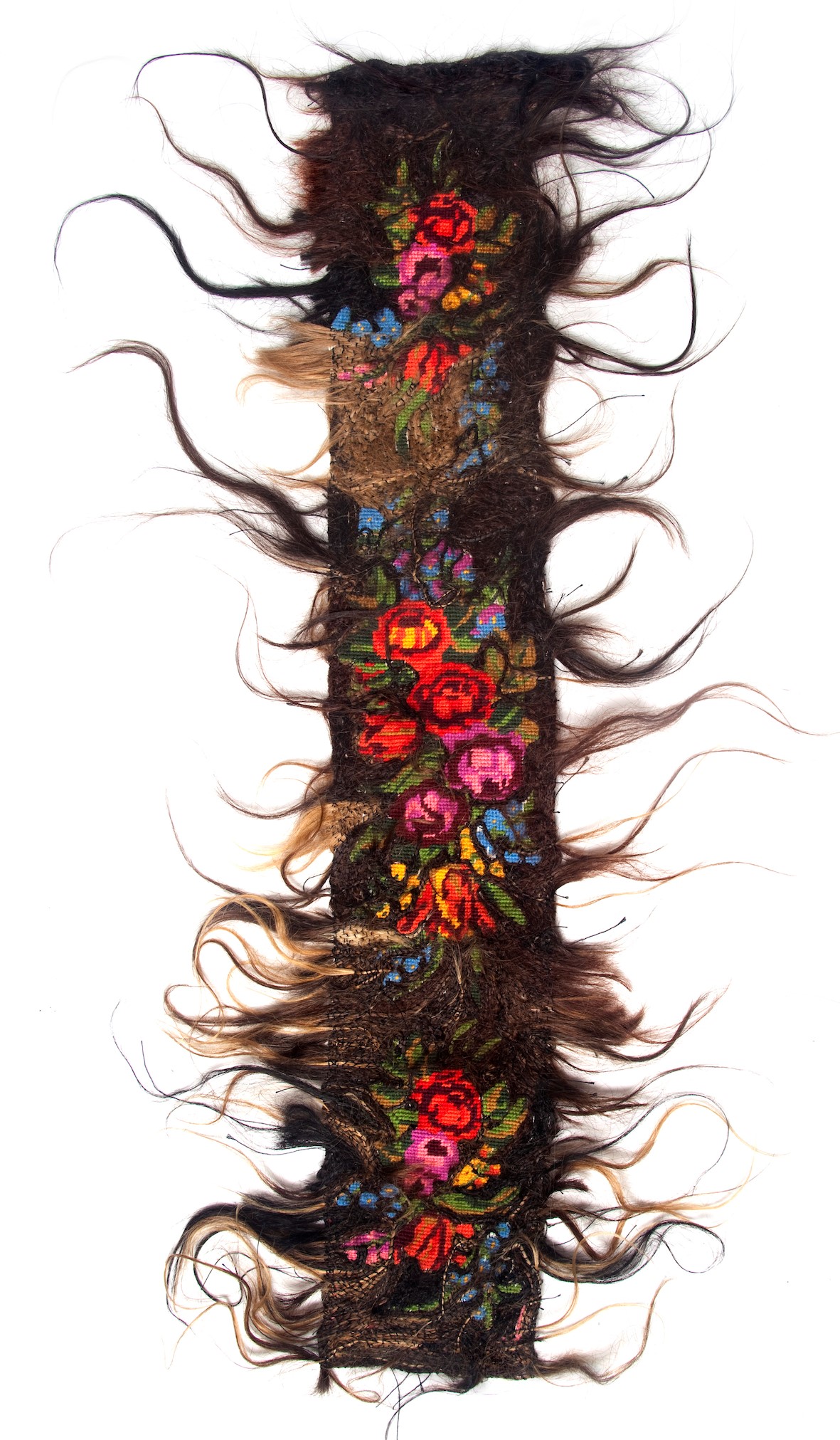 Olga Cironis, Aphrodite's Lover's Lover Belt, 2012, hair and recycled embroidery, 60 x 15cm