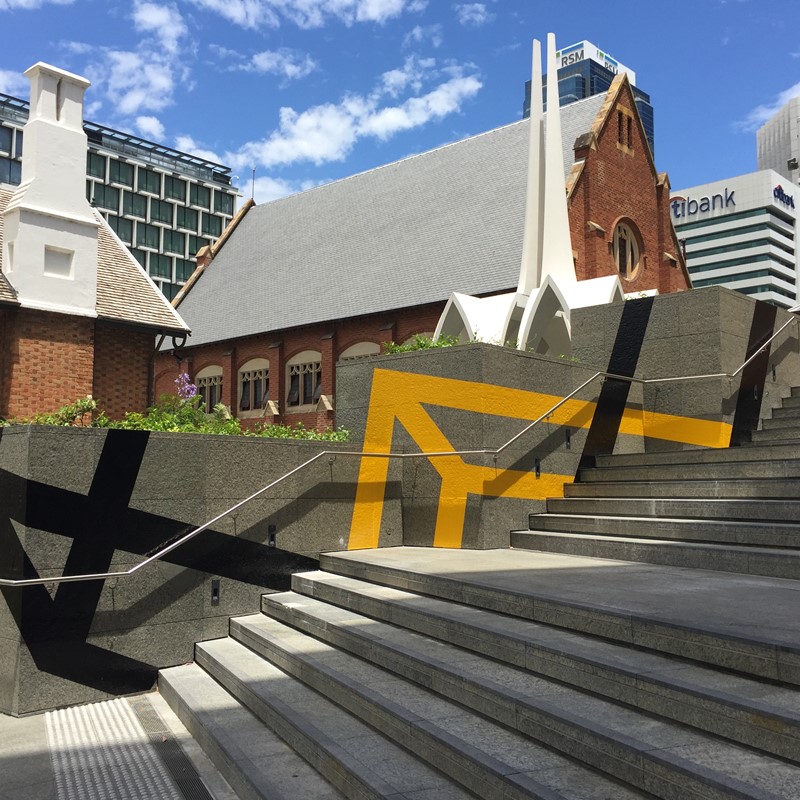 Old Shadows, New Shadows, 2018, vinyl tape, 200 x 800cm. Cathedral Square, Perth