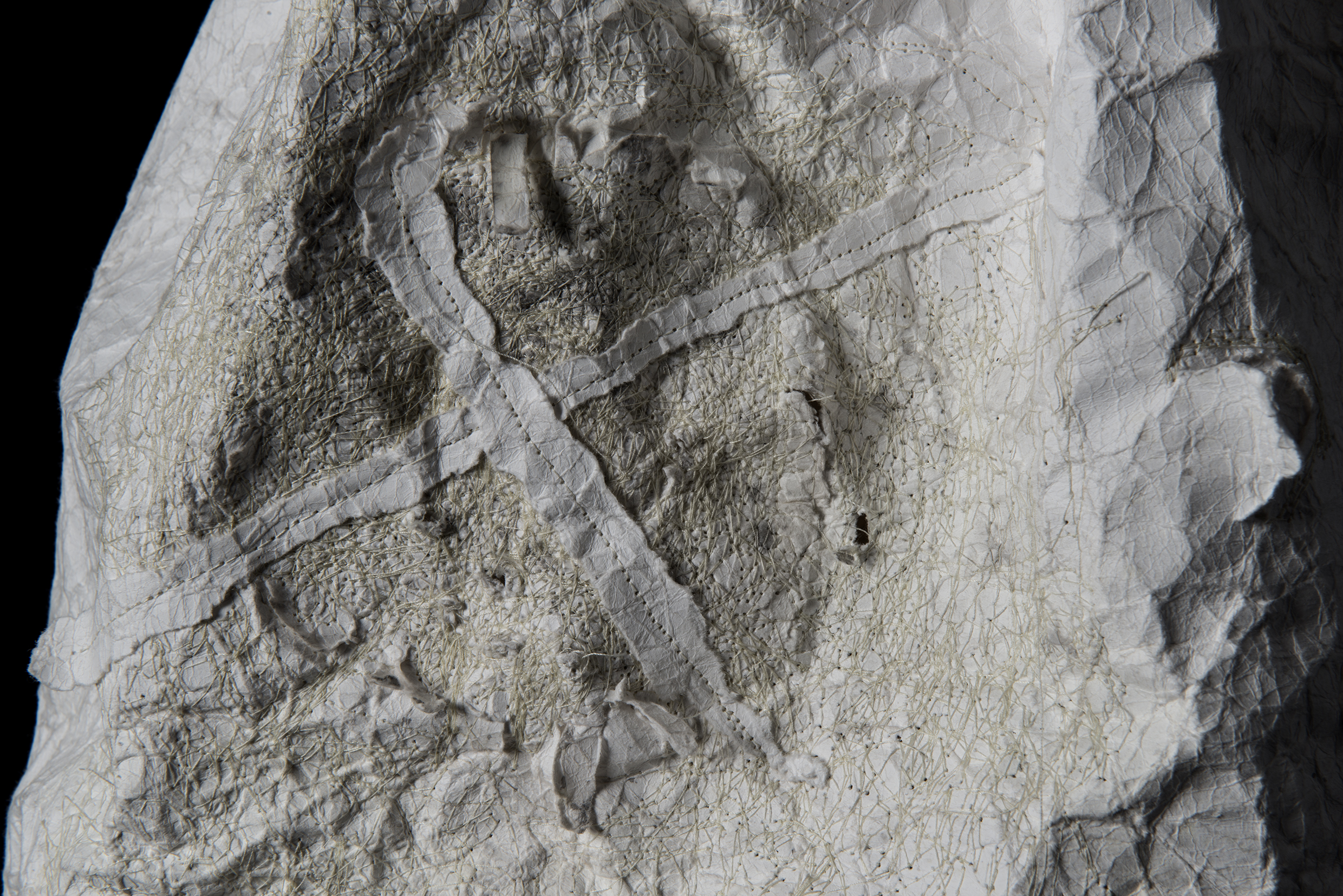 Susan Roux, Washing Bag, 2018, Canson paper, thread, carbon, 60 x 40 x 40cm (detail 1)