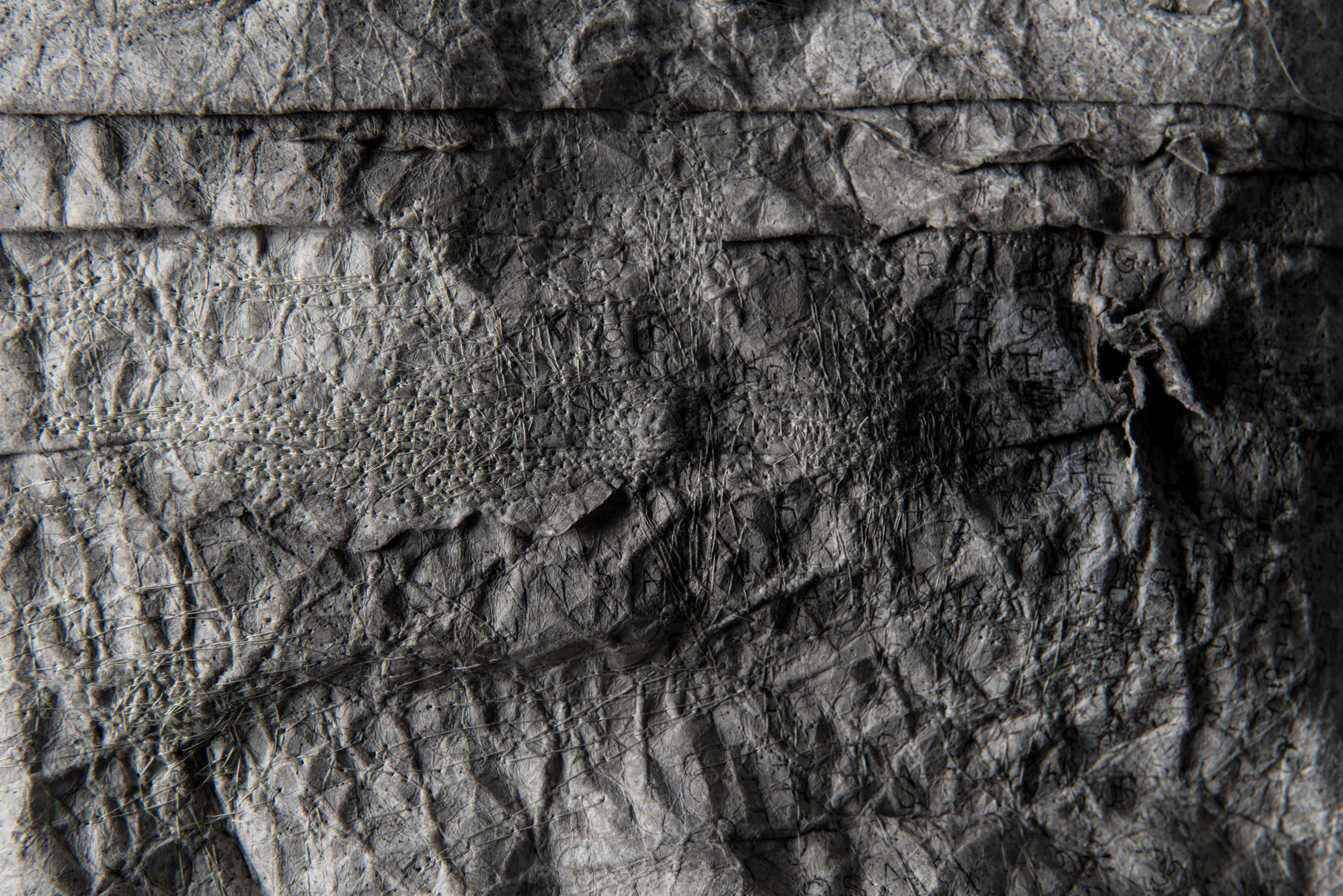 Susan Roux, Ditty Bag, 2018, Canson paper, thread, ink, carbon, 30 x 20 x 20cm (detail)