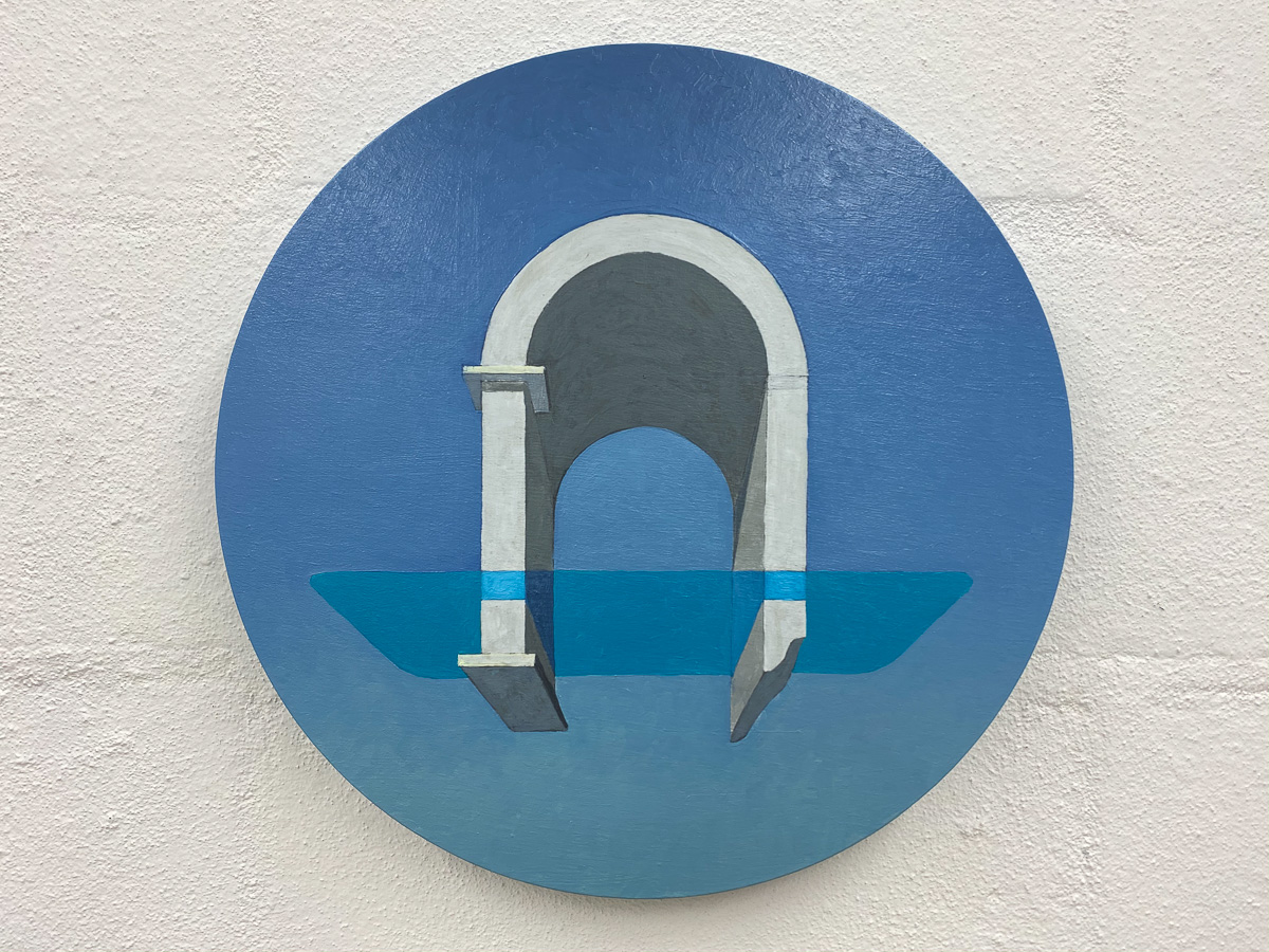 Caspar Fairhall, Arch and Water, 2019, acrylic and oil on wood, 30 x 30cm