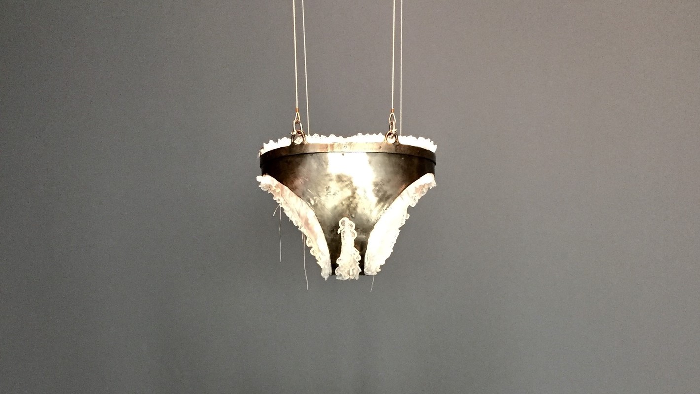 Olga Cironis, Swing (detail), 1993, steel, foam, satin, lace, thread and freshwater pearl, 45 x 35cm x 200cm, dimensions variable
