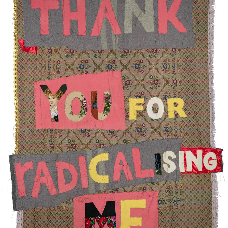 Thank You for Radicalising Me, 2020, recycled bed cover, linen thread, Balkan embroidery, velvet, 230 x 160cm