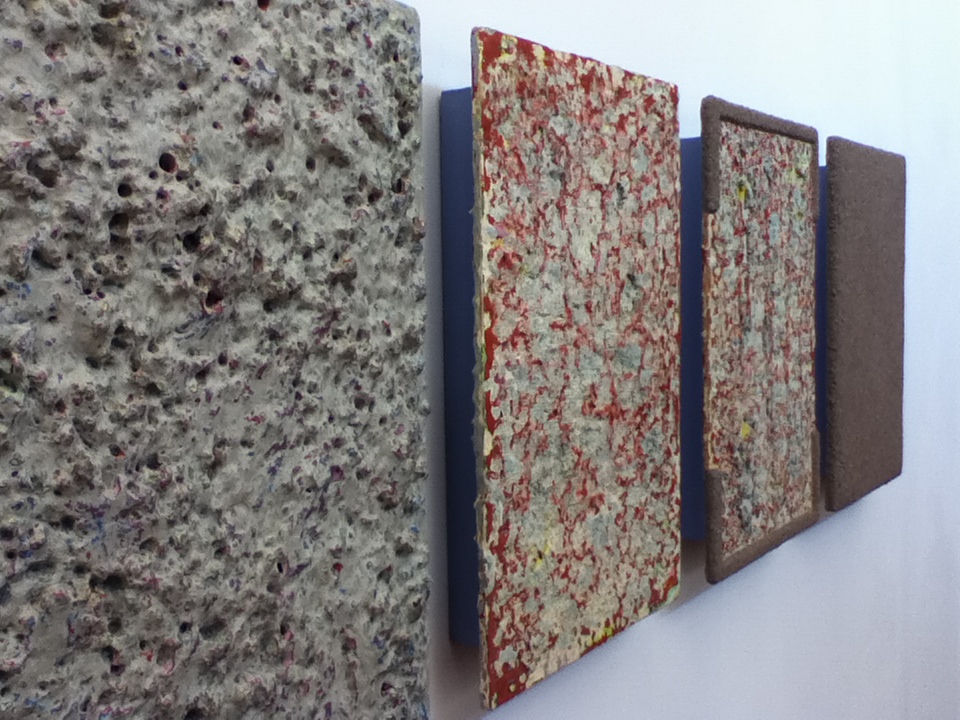 Andre Lipscombe, Remade, acrylic paint on plywood, 42 x 150 x 7cm variable (four panels)