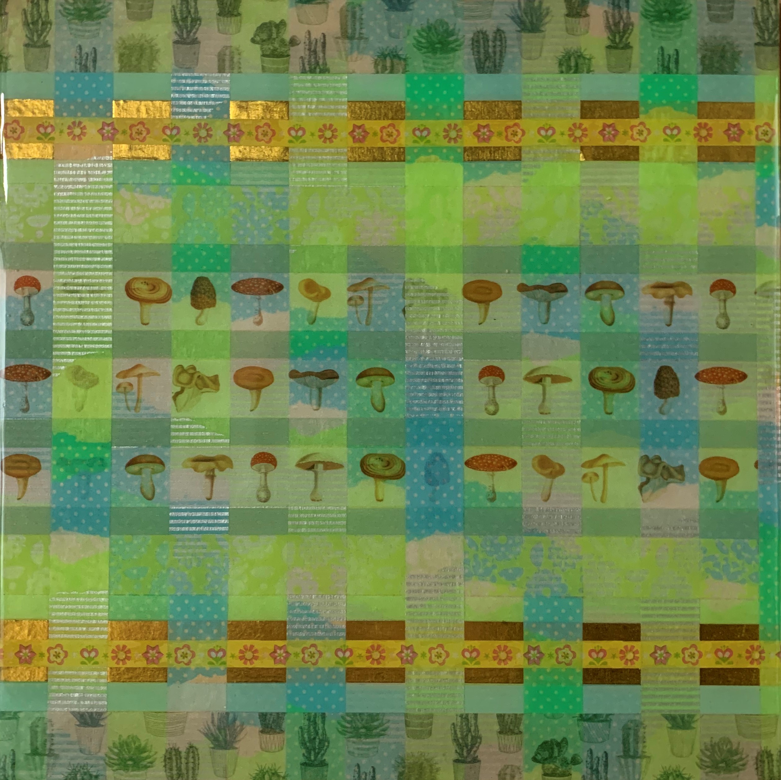 Minaxi May, Mushrooms, 2019, washi tape, glue, epoxy resin on board with Australian oak frame, 59.5 x 59.5cm. St John of God Health Care Collection