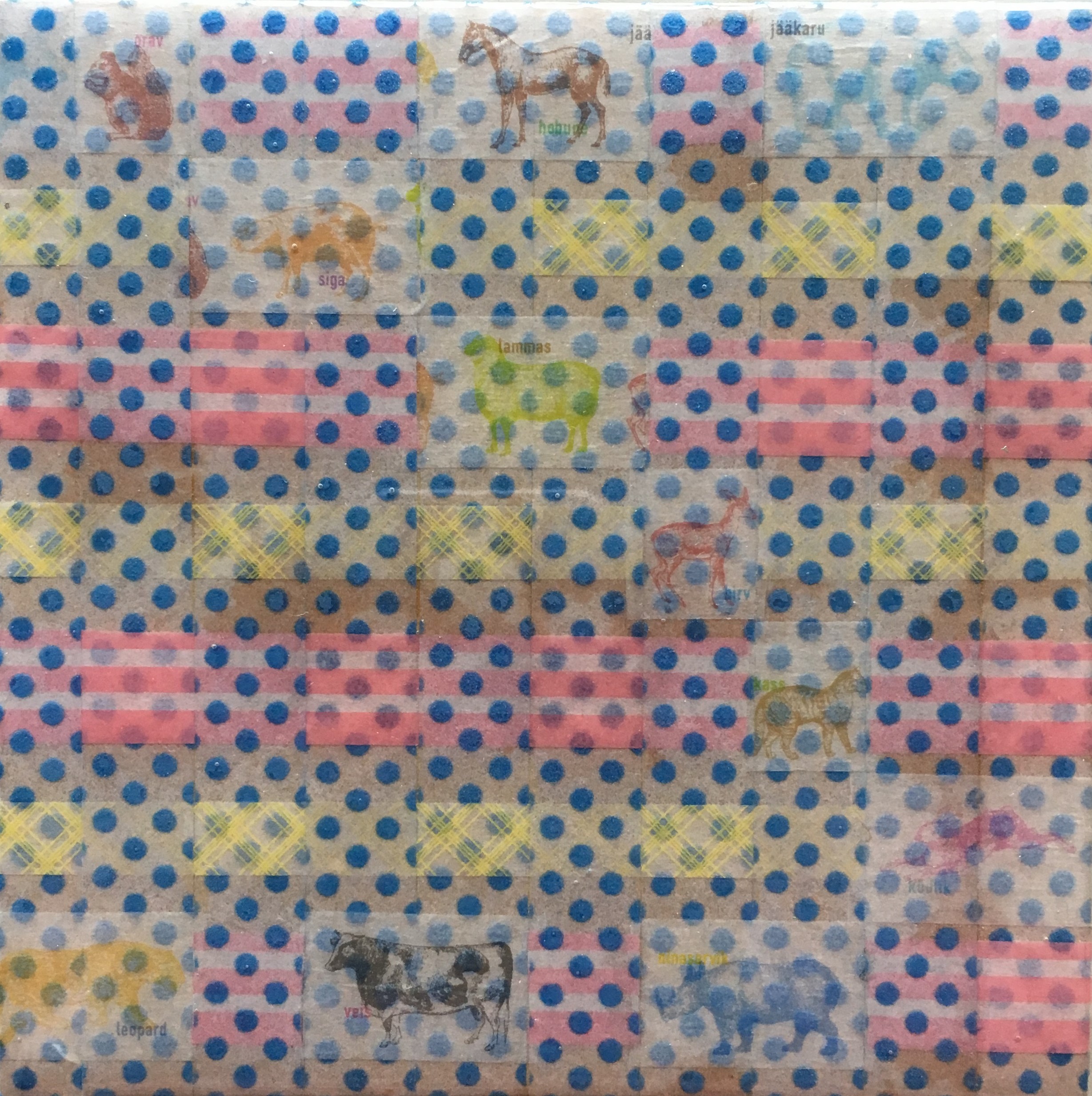 Minaxi May, Animal Farm, 2019, Washi tape, glue, epoxy resin on board with Australian oak frame, 14.7 x 14.7cm