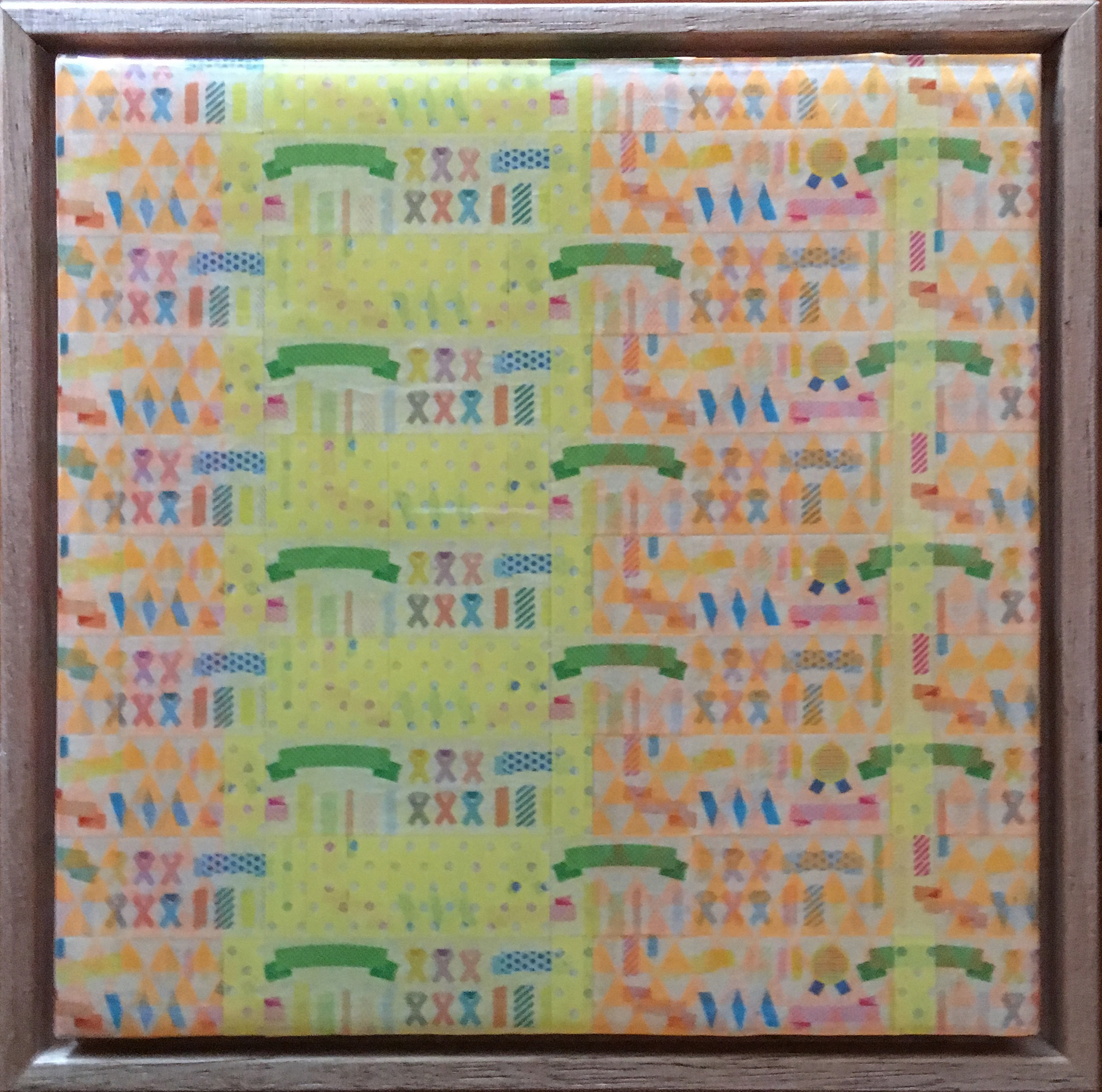 Minaxi May, Ribbons of Praise, 2019, Washi tape, glue, epoxy resin on board with Australian oak frame, 14.7 x 14.7cm