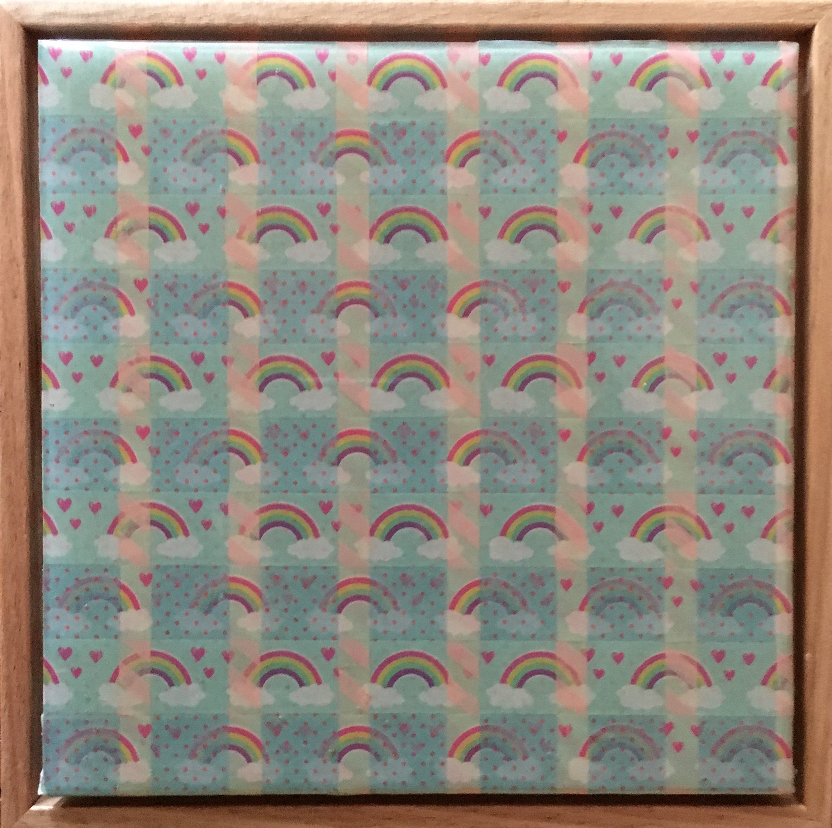 Minaxi May, Rainbow Connection, 2019, Washi tape, glue, epoxy resin on board with Australian oak frame, 14.7 x 14.7cm