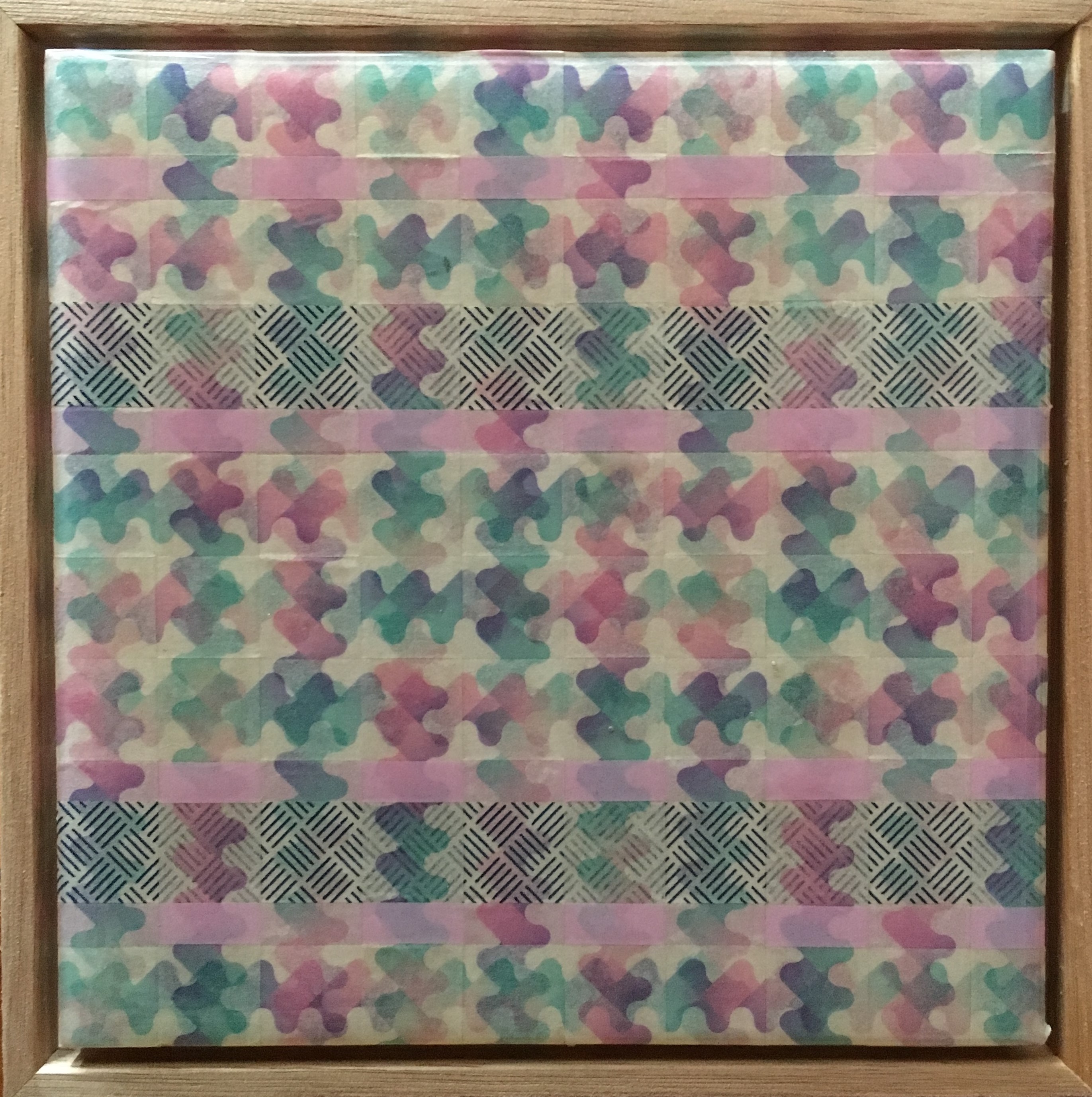 Minaxi May, Wave Rider, 2019, Washi tape, glue, epoxy resin on board with Australian oak frame, 14.7 x 14.7cm