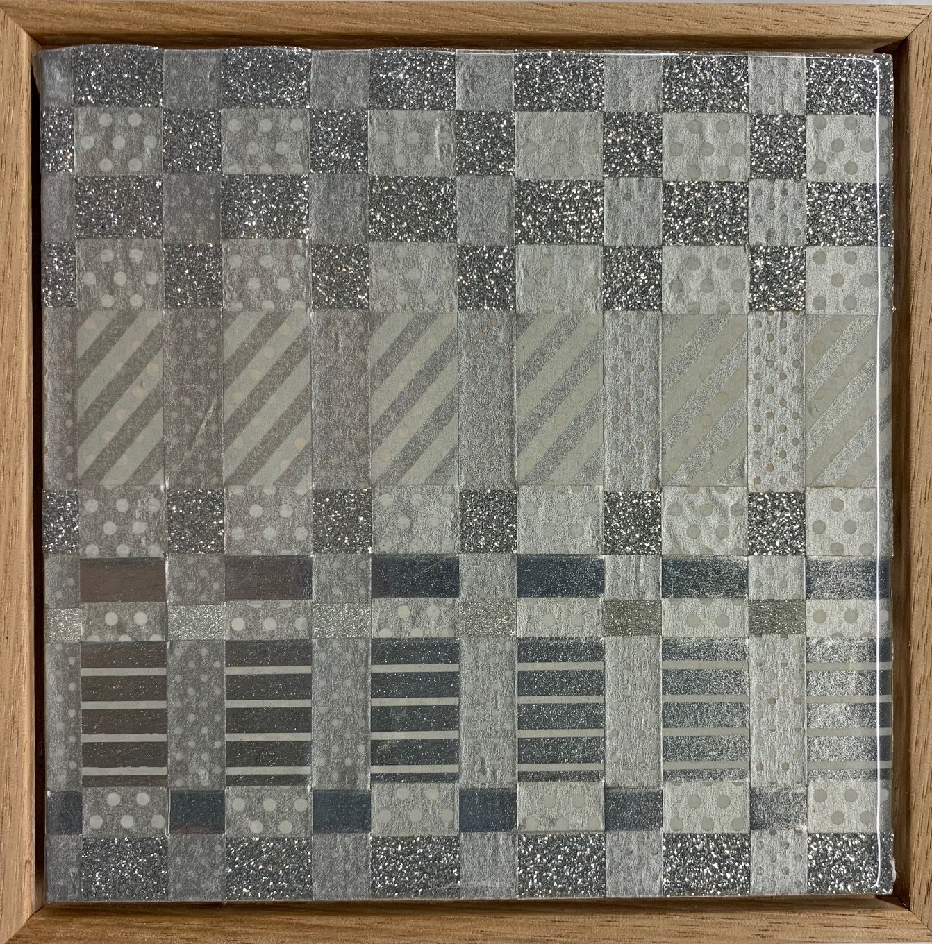 Minaxi May, Disco Mirror, 2019, Washi tape, glue, epoxy resin on board with Australian oak frame, 14.7 x 14.7cm