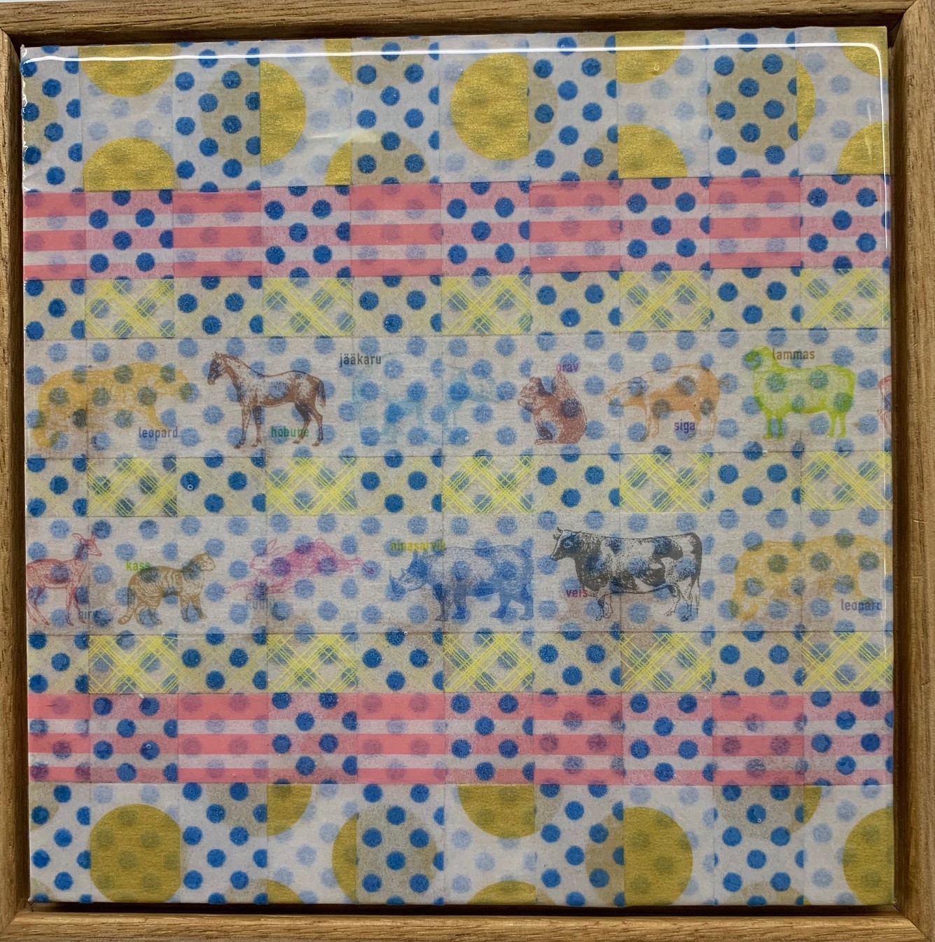 Minaxi May, All Creatures Great and Small, 2019, Washi tape, glue, epoxy resin on board with Australian oak frame, 14.7 x 14.7cm