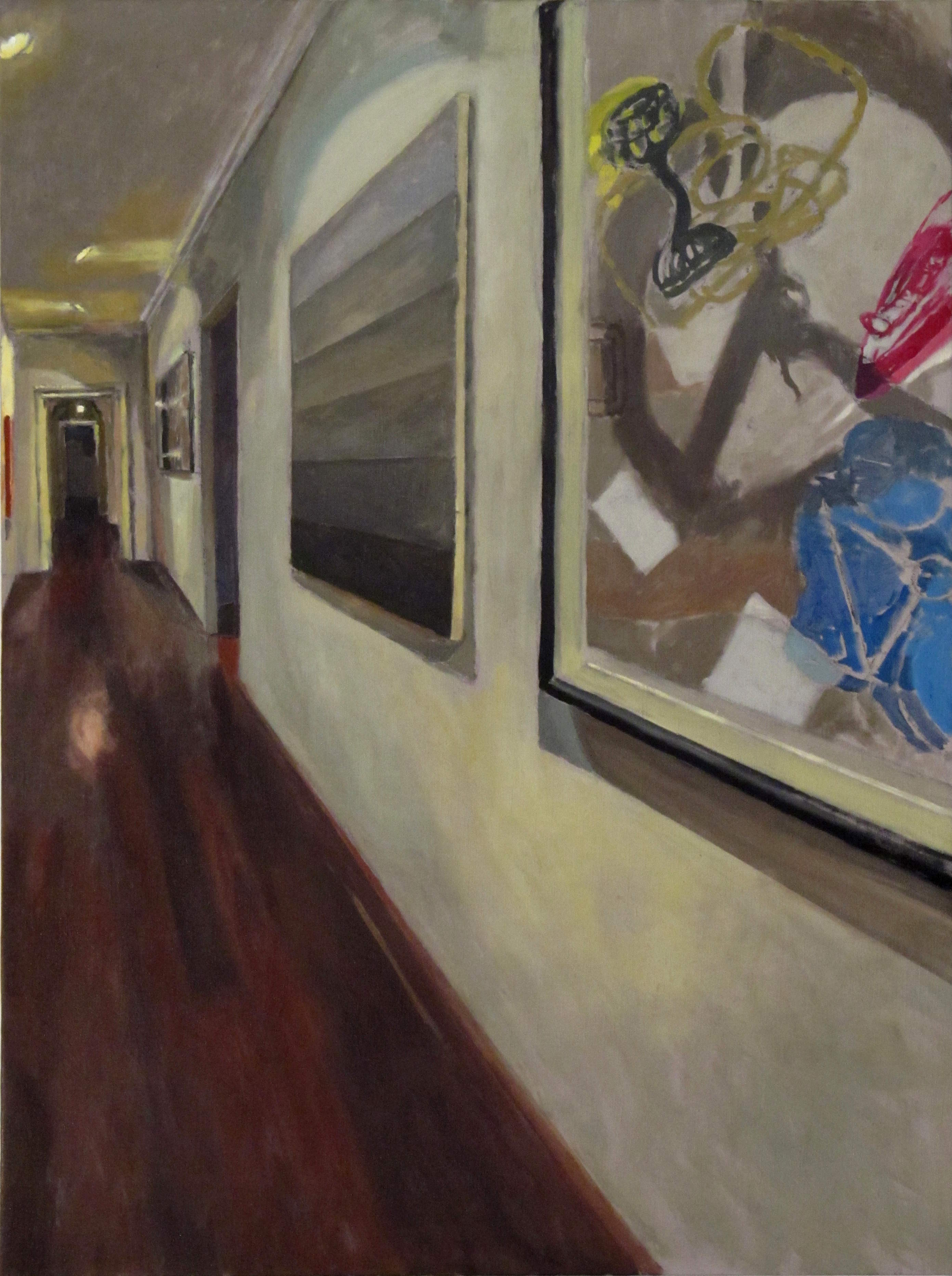 Kevin Robertson, Studio interior with grey-scale painting, 2014, oil on linen, 120 x 90cm