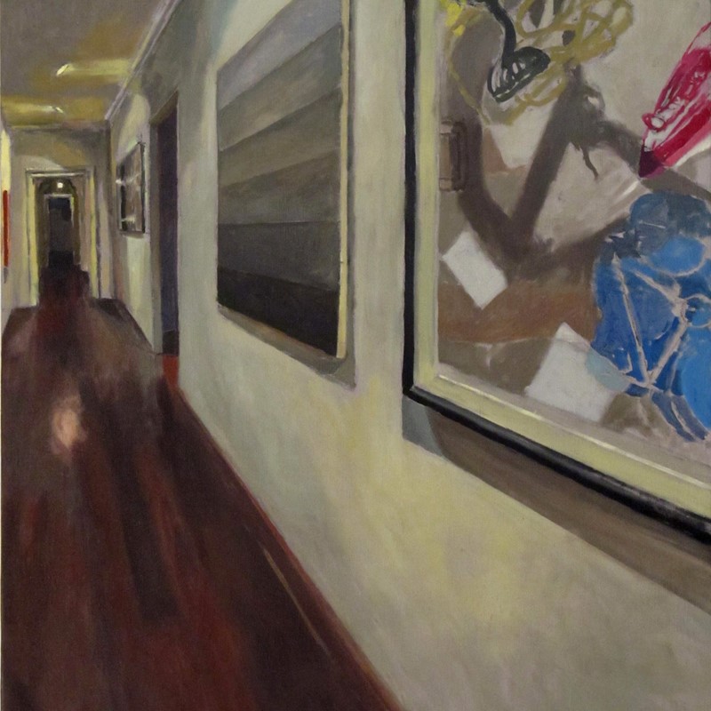 Kevin Robertson, Studio interior with grey-scale painting, 2014, oil on linen, 120 x 90cm