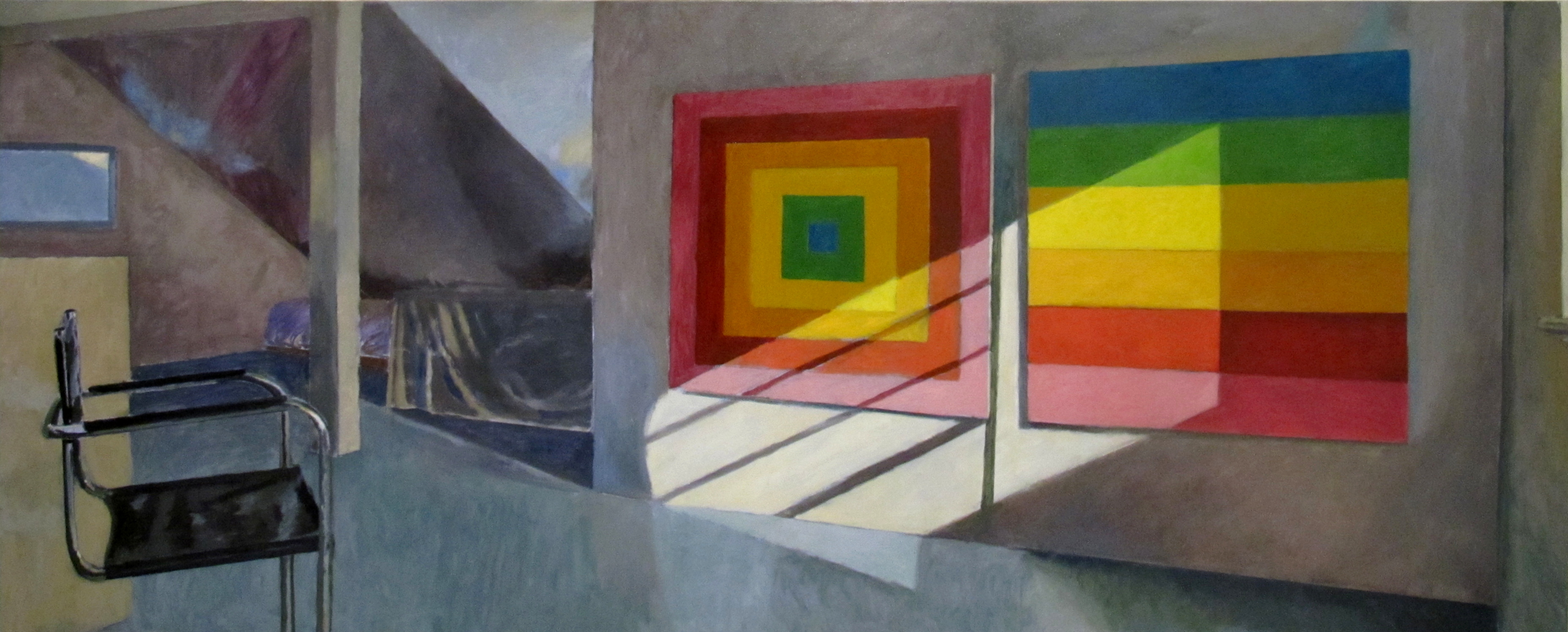 Kevin Roberton, Studio Interior with Colour-scale Paintings, 2014, oil on linen, 120 x 295cm