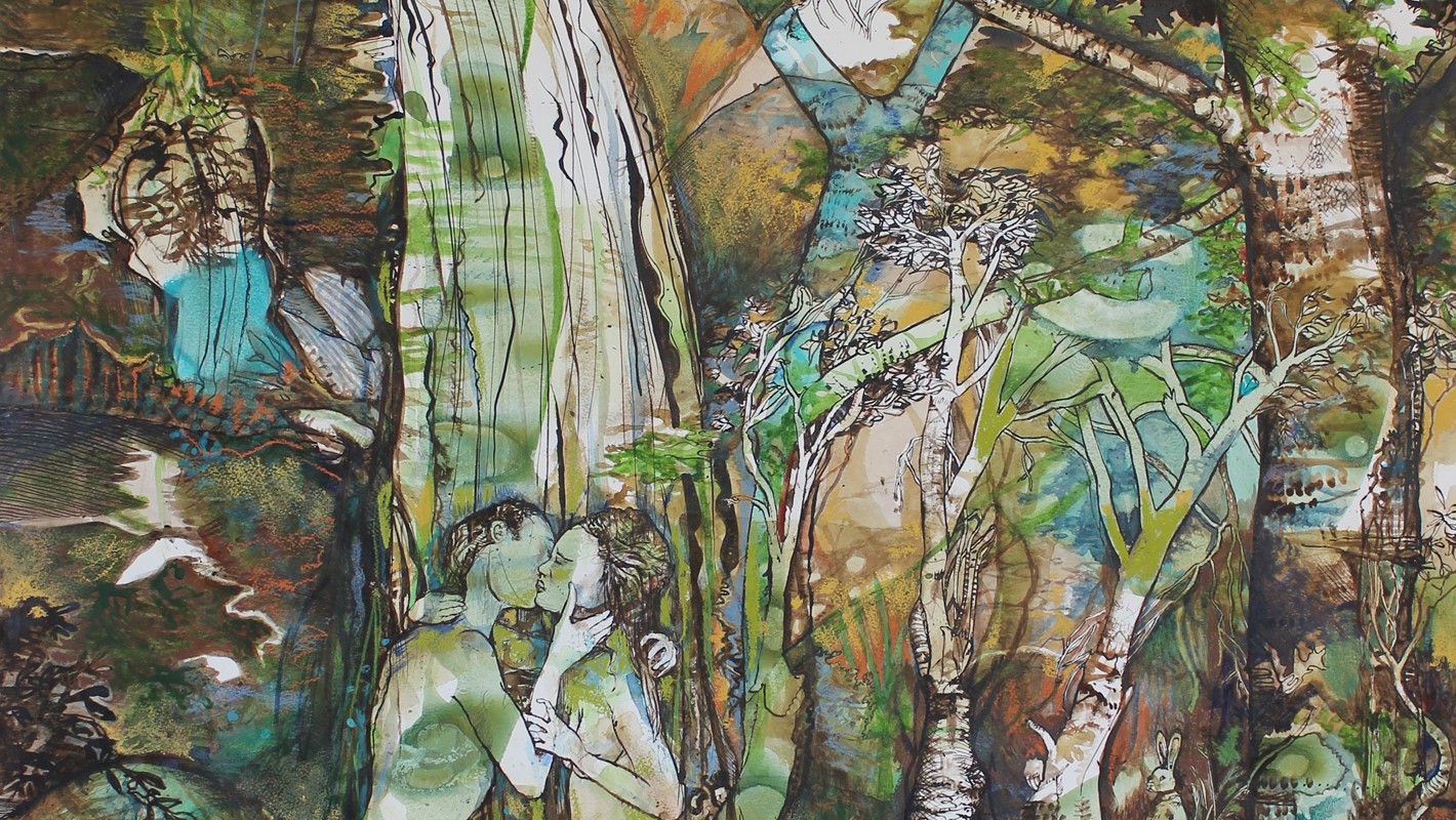Antony Muia, Kiss by the River Styx, 2020, ink, watercolour and pastel on paper 122 x 82cm