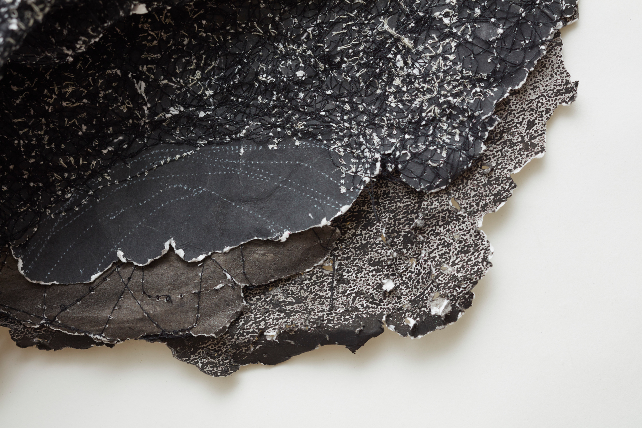 Susan Roux, Fatigued Horizon (detail), 2020, ink, carbon, thread and polished steel on archival photographic print on acrylic frame, 85 x 110 x 12cm. Acorn Photo