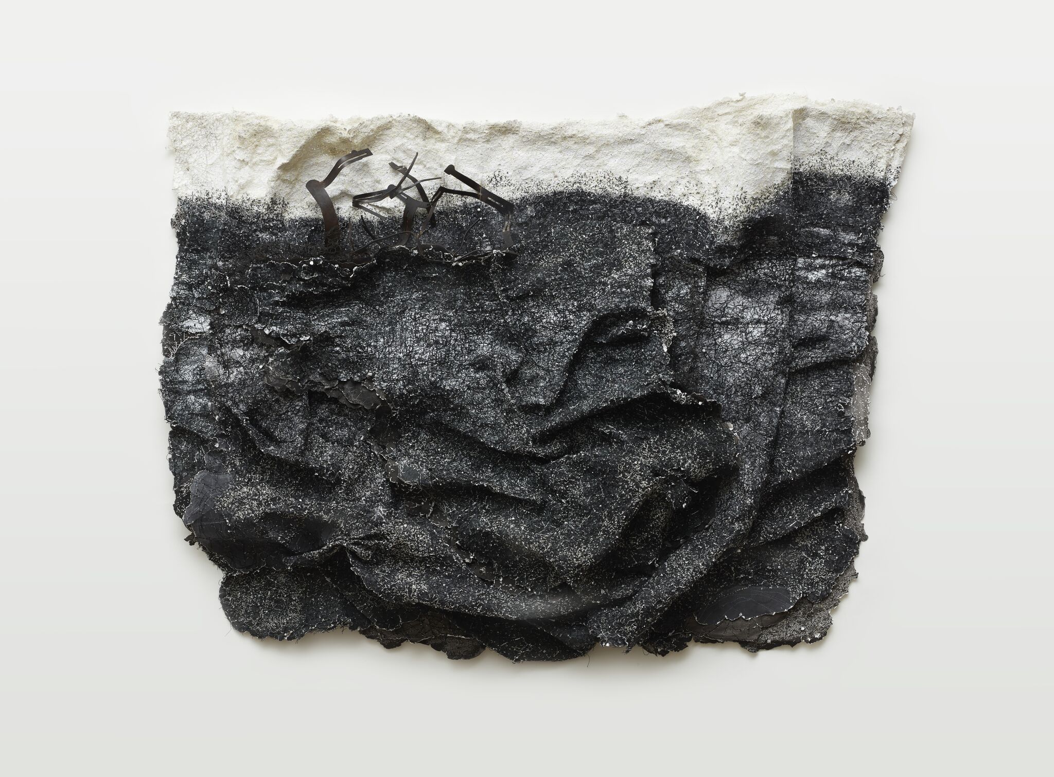 Susan Roux, Fatigued Horizon, 2020, ink, carbon, thread and polished steel on archival photographic print on acrylic frame, 85 x 110 x 12cm. Acorn Photo