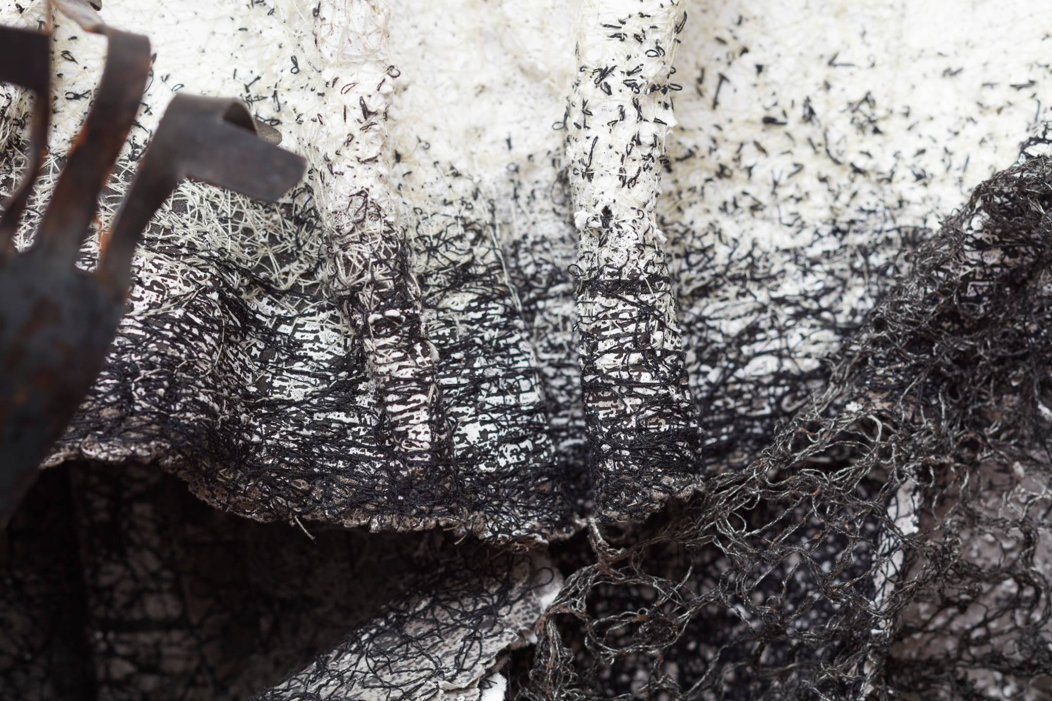 Susan Roux, Tactile Territory (detail), 2020, ink, carbon, thread and polished steel on archival photographic print on acrylic frame, 85 x 110 x 12cm.  Acorn Photo