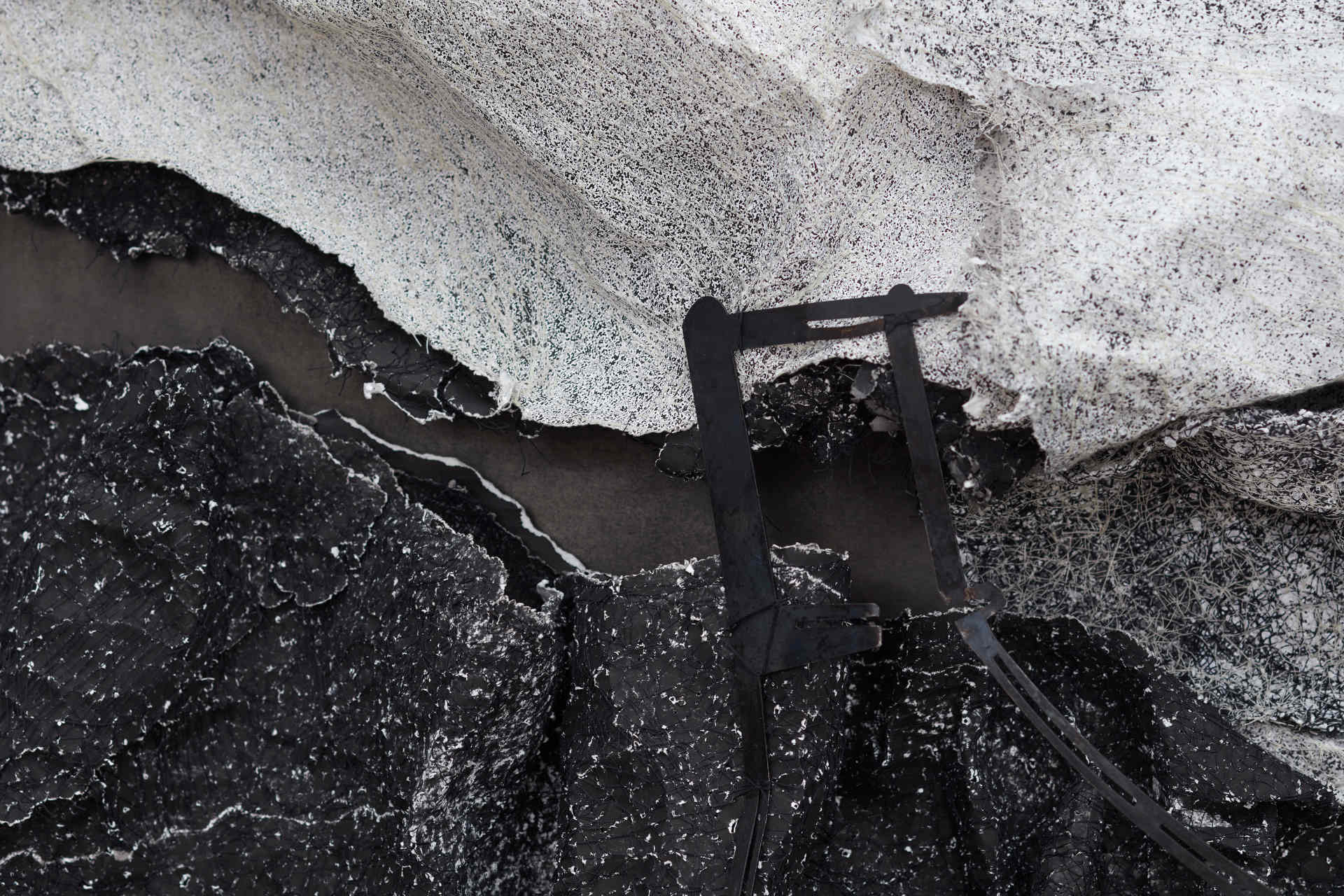 Susan Roux, Acid Migration (detail), 2020, ink, carbon, thread and polished steel on archival photographic print, 150 x 270 x 50cm (6)